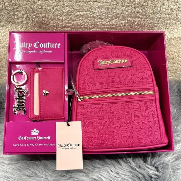 Juicy Couture hot pink mini backpack and card case set JUICY COUTURE 3PC Mini Backpack Gift Box Set Heritage Card  main image 3